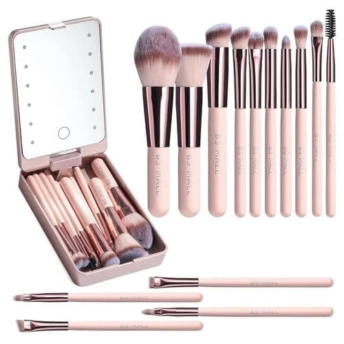 image-Versatile Luxurious Makeup Brush Set with Mini LED Light Mirror -