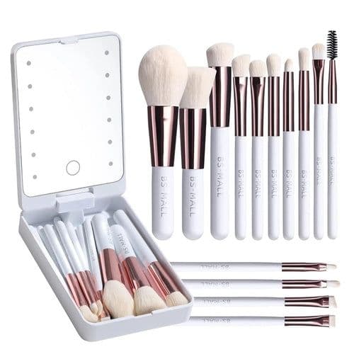 image-Versatile Luxurious Makeup Brush Set with Mini LED Light Mirror -