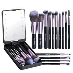 image-Versatile Luxurious Makeup Brush Set with Mini LED Light Mirror -