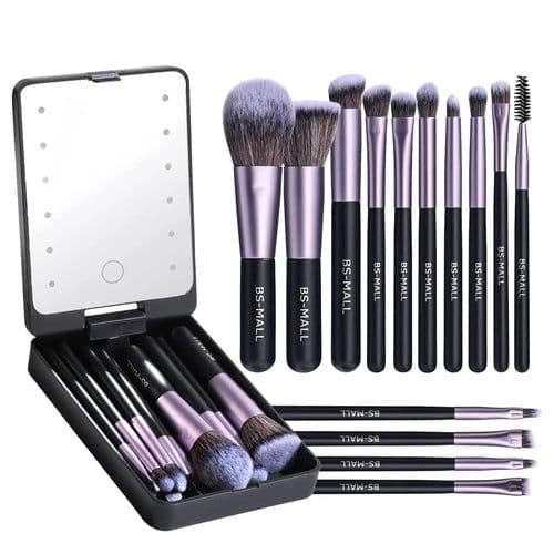 image-Versatile Luxurious Makeup Brush Set with Mini LED Light Mirror -