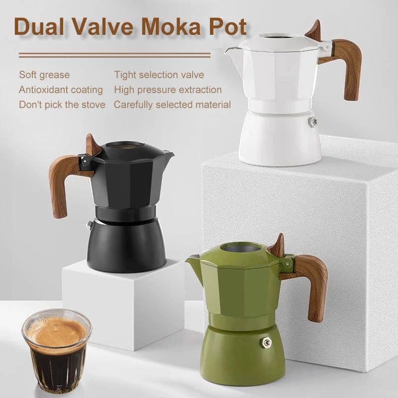 image-Espresso Maker Dual Valve Moka Pot Vintage Wooden Handle150ML Coffee