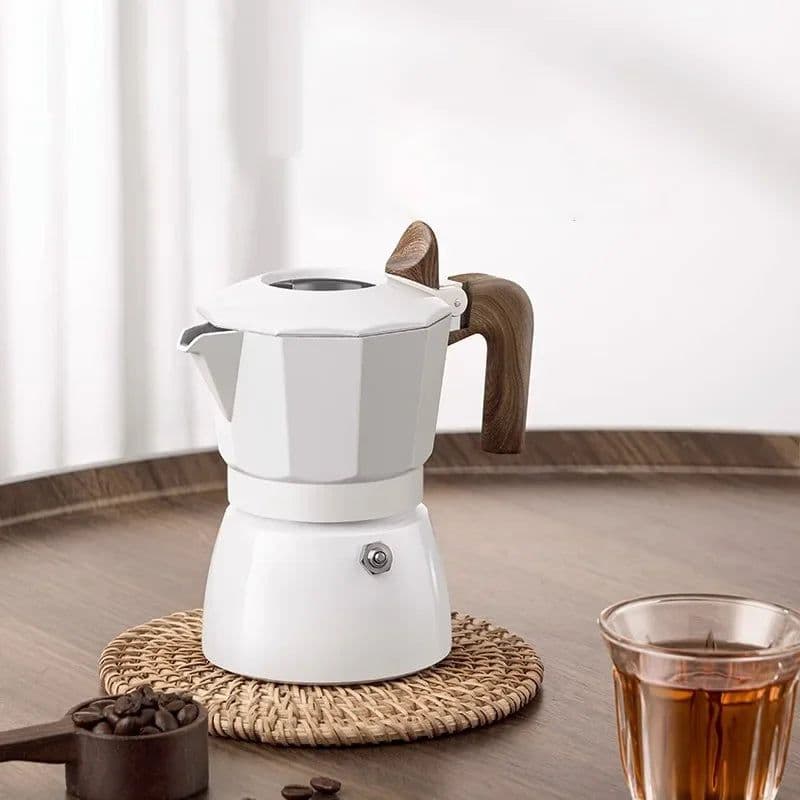 image-Espresso Maker Dual Valve Moka Pot Vintage Wooden Handle150ML Coffee
