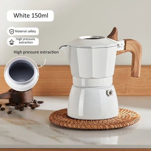 image-Espresso Maker Dual Valve Moka Pot Vintage Wooden Handle150ML Coffee