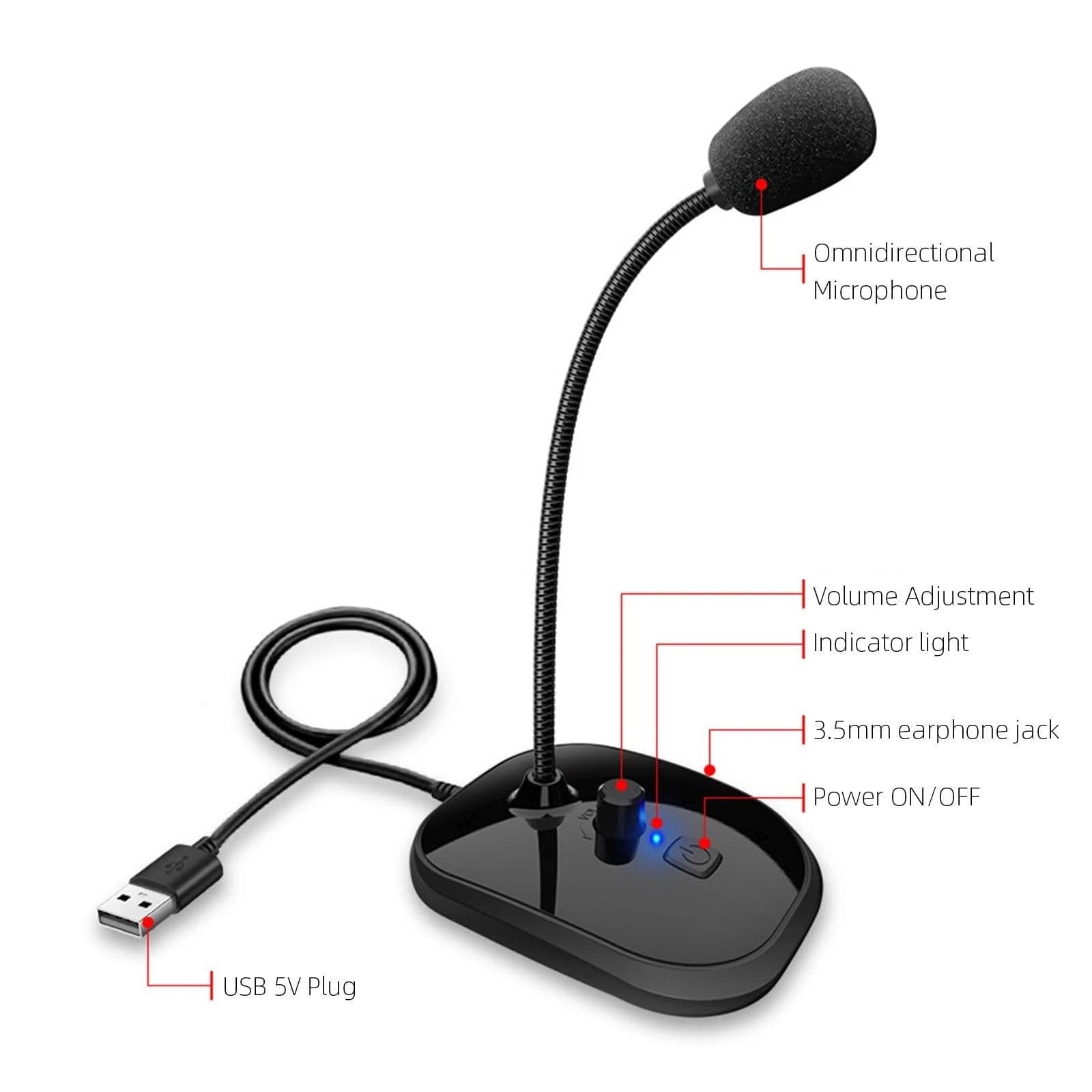 image-Gooseneck Computer Microphone USB Sound Card Monitor