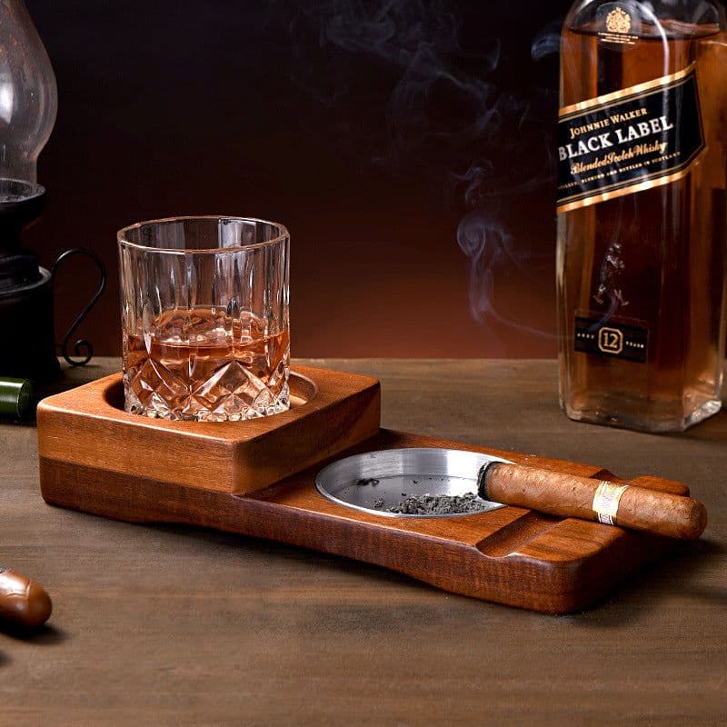 image-2 In 1 Wooden Ashtray Rustic Wood Whiskey Glass Cup Tray Cigar Holder