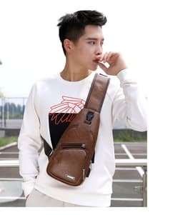 image-Wholesale USB men's chest bag portable rechargeable casual oblique bag outdoor sports pu chest bag one generation