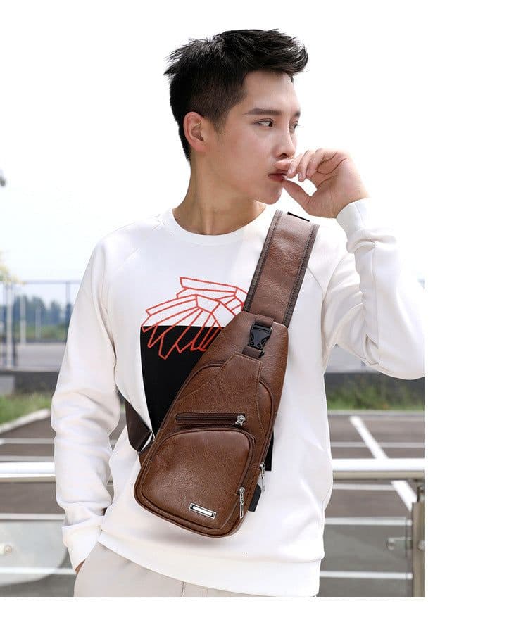 image-Wholesale USB men's chest bag portable rechargeable casual oblique bag outdoor sports pu chest bag one generation