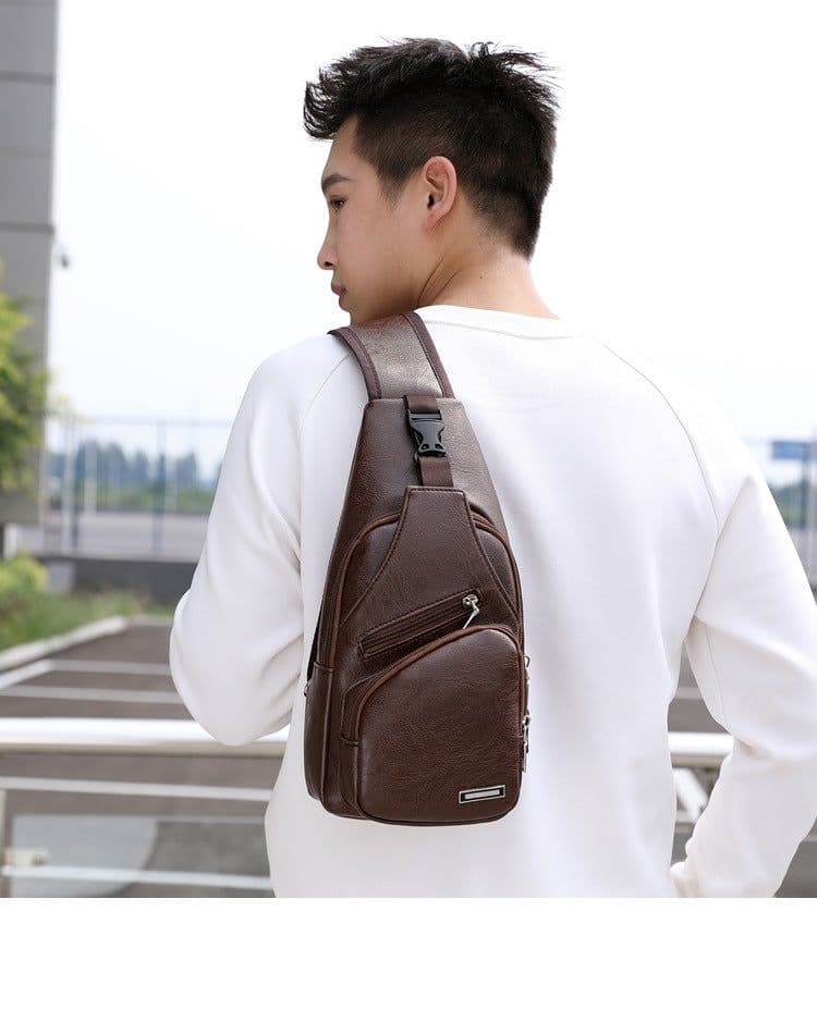 image-Wholesale USB men's chest bag portable rechargeable casual oblique bag outdoor sports pu chest bag one generation