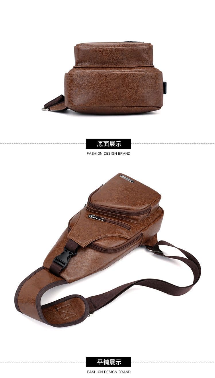 image-Wholesale USB men's chest bag portable rechargeable casual oblique bag outdoor sports pu chest bag one generation