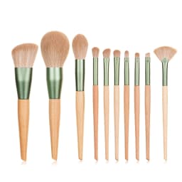 image-10pcs Nature Wood Handle Makeup Brushes Set With Green Pineapple Bag