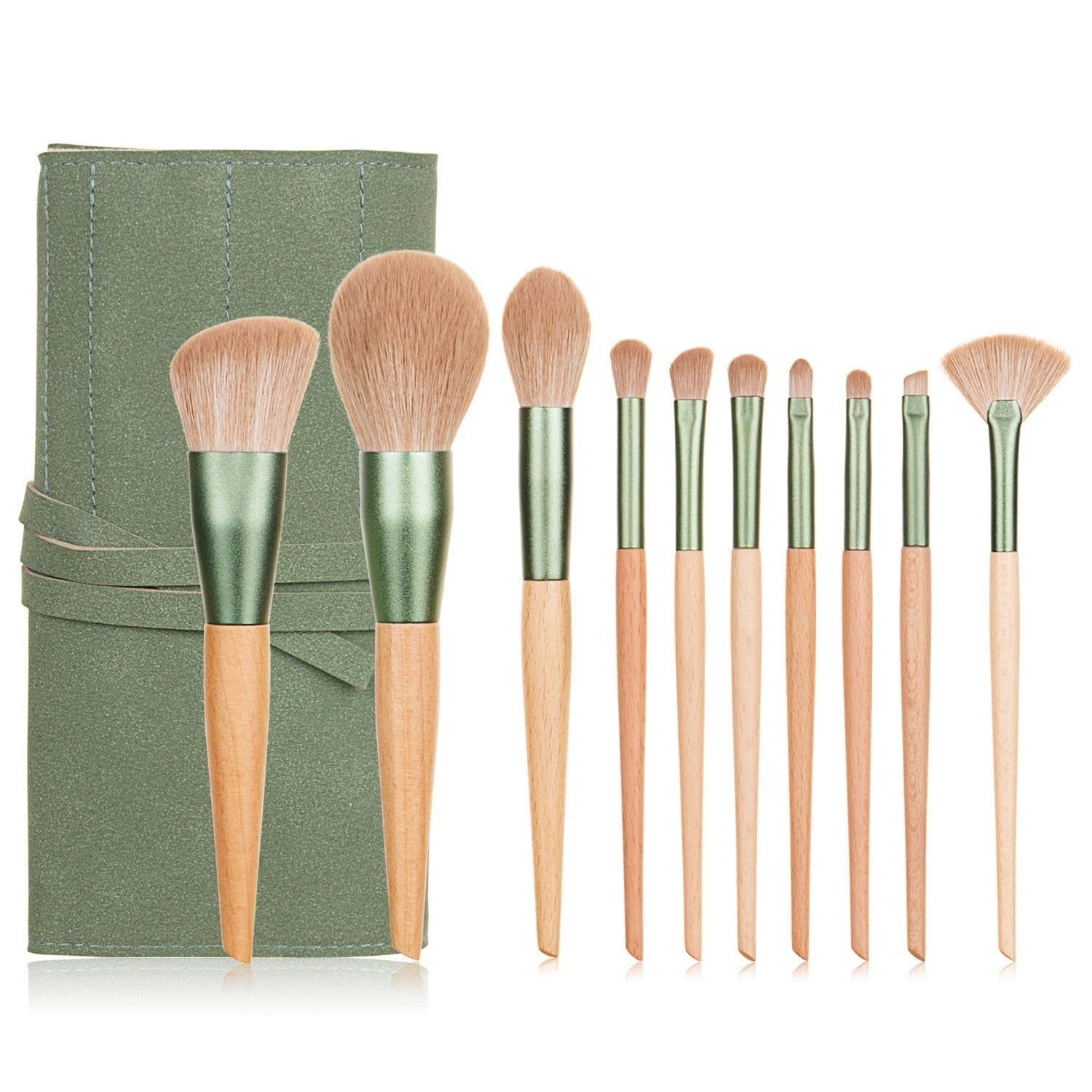 image-10pcs Nature Wood Handle Makeup Brushes Set With Green Pineapple Bag