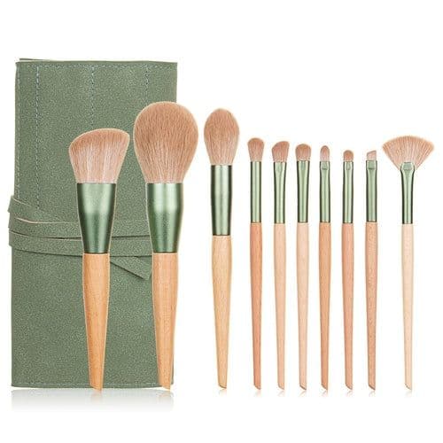 image-10pcs Nature Wood Handle Makeup Brushes Set With Green Pineapple Bag