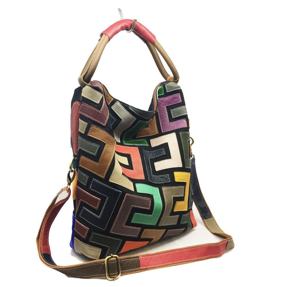 image-Leisure Colorful Block Leather Messenger Bag For Women