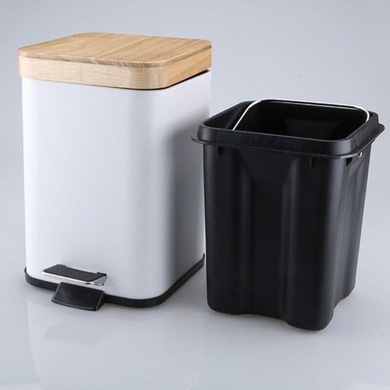 image-Double Layer Step Trash Can Garbage Rubbish Bin with Bamboo Lid Waste