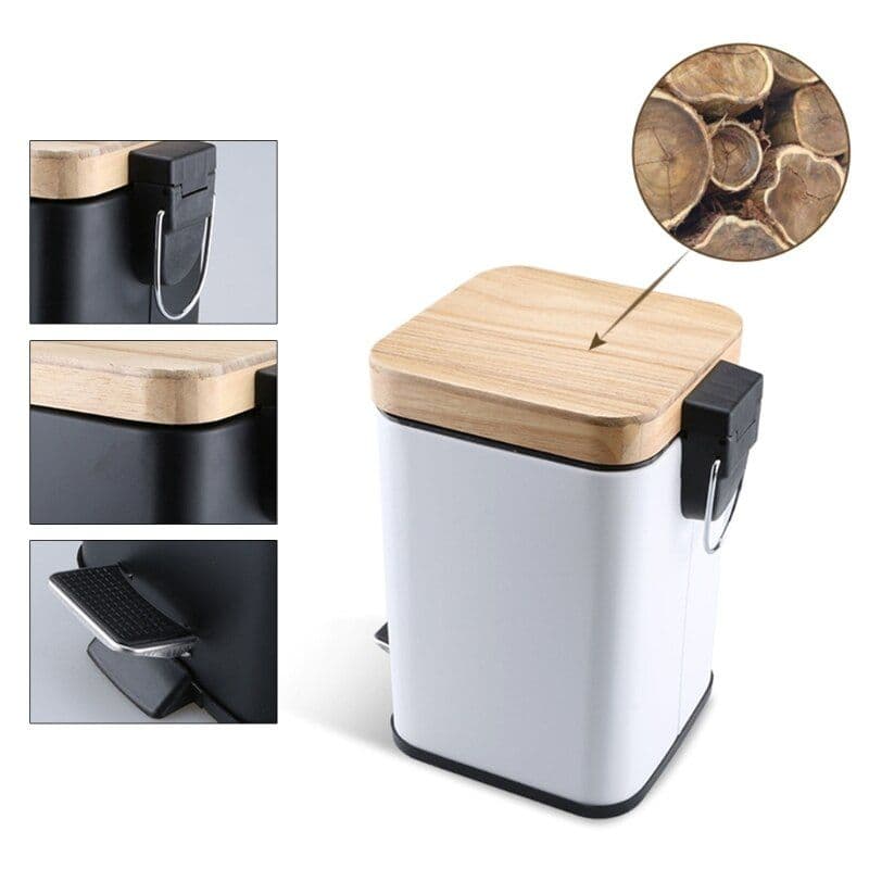 image-Double Layer Step Trash Can Garbage Rubbish Bin with Bamboo Lid Waste