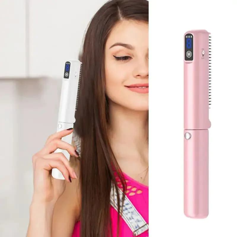 image-Hair Brush Straightener Rechargeable Hair Straightener Comb Portable