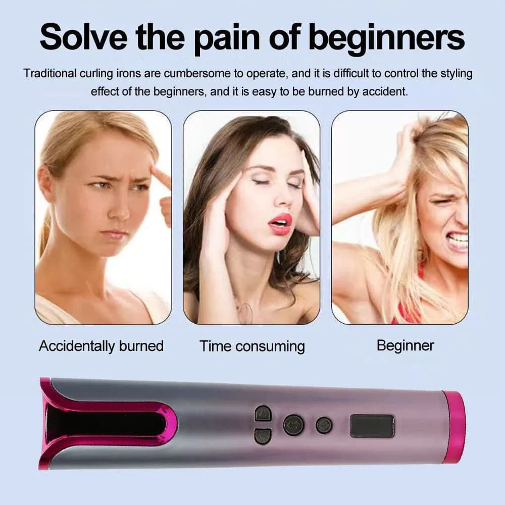 image-Automatic Hair Curler Wireless Rotating Curling Iron Portable LED