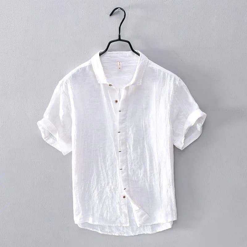 image-Men's Linen Casual Shirt - Khaki 3XL Short Sleeve