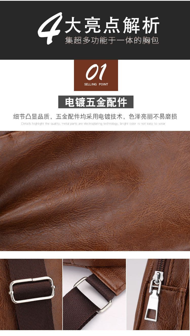 image-Wholesale USB men's chest bag portable rechargeable casual oblique bag outdoor sports pu chest bag one generation
