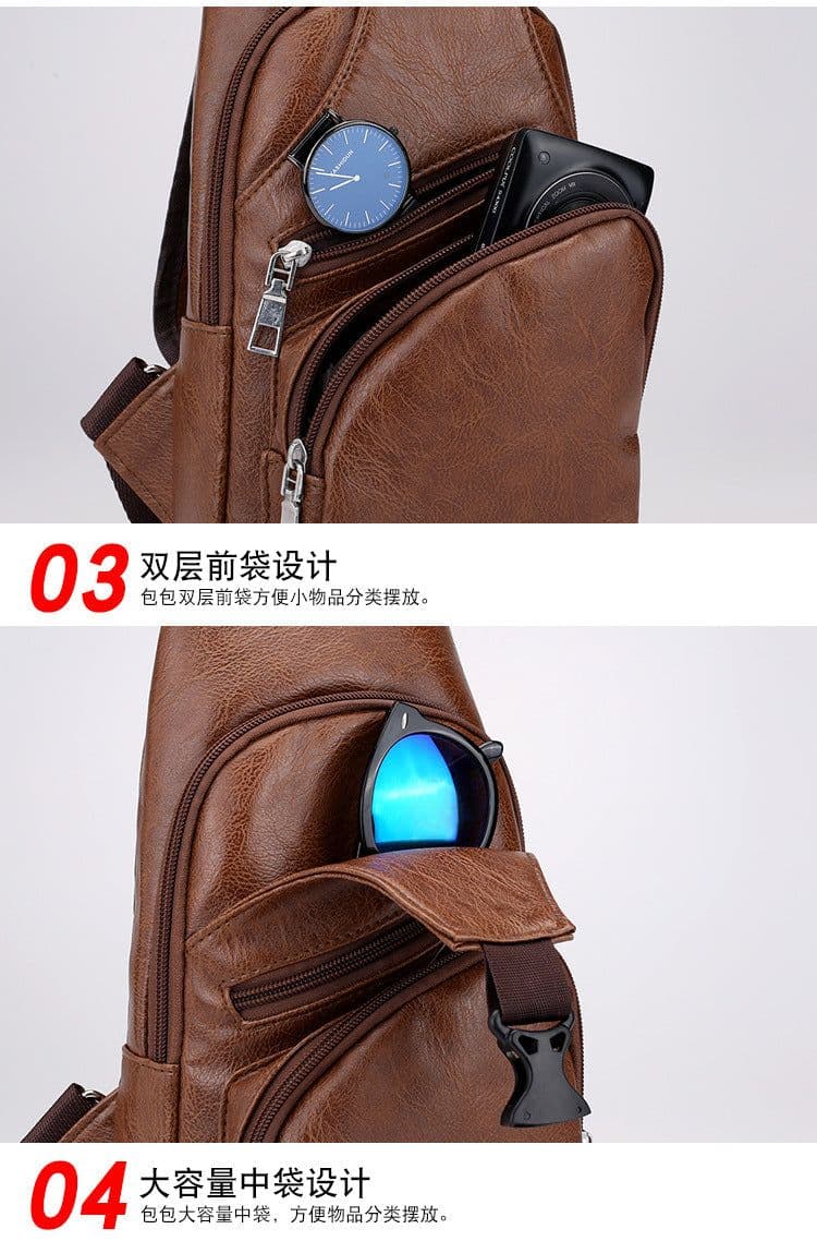 image-Wholesale USB men's chest bag portable rechargeable casual oblique bag outdoor sports pu chest bag one generation