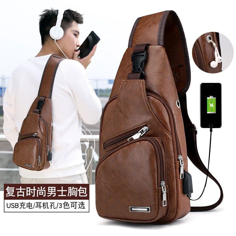 image-Wholesale USB men's chest bag portable rechargeable casual oblique bag outdoor sports pu chest bag one generation