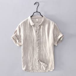 image-Men's Linen Casual Shirt - Khaki 3XL Short Sleeve