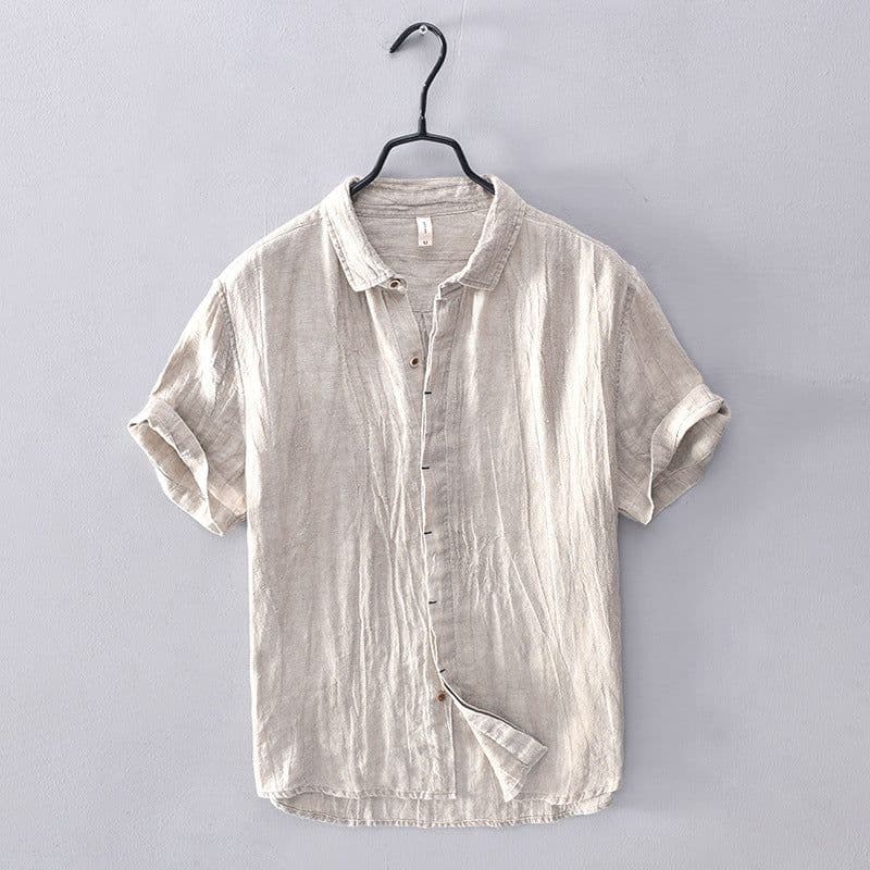 image-Men's Linen Casual Shirt - Khaki 3XL Short Sleeve