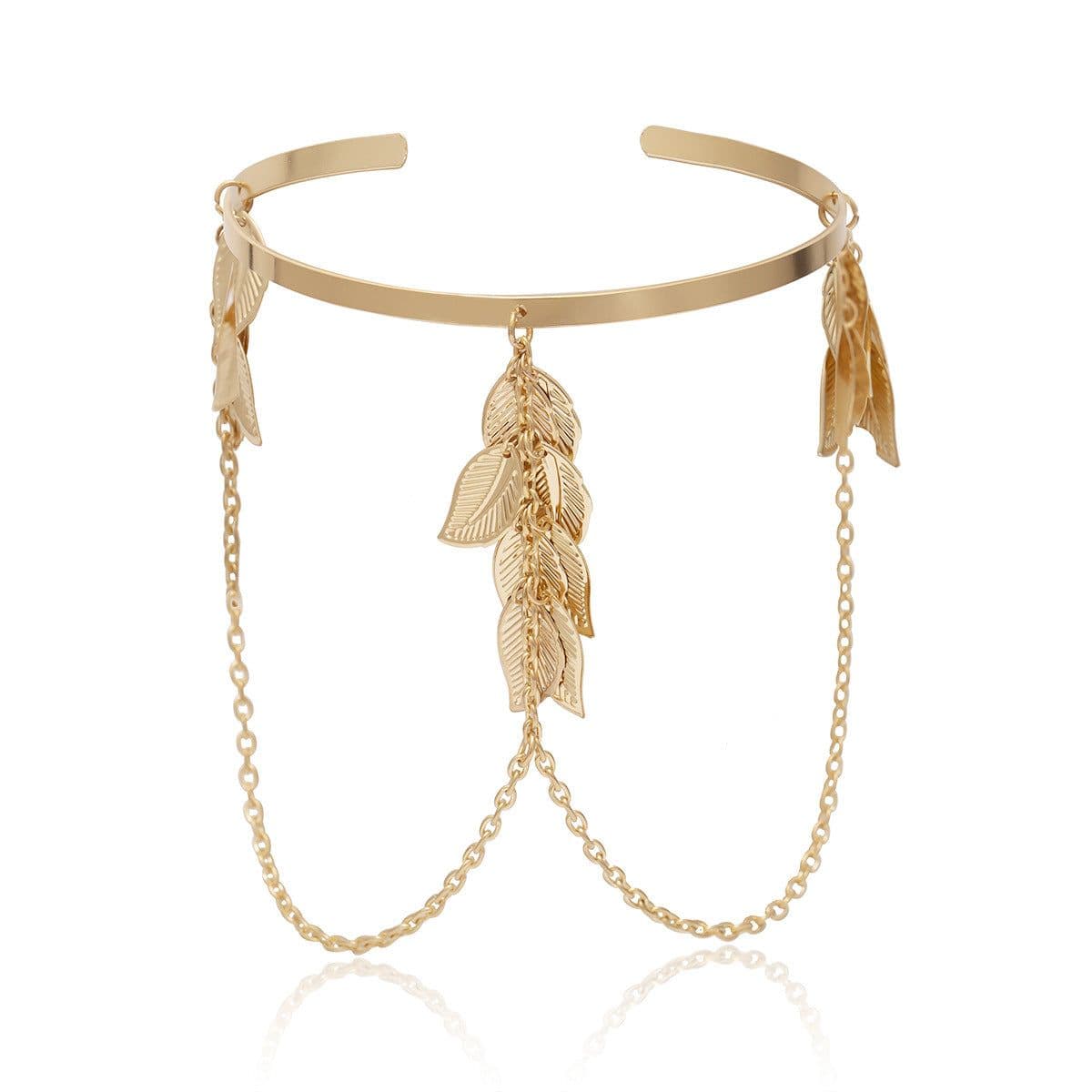 image-European and American cross-border jewelry, simple and versatile street shooting U-shaped bracelet, leaf tassel chain geometric adjustable arm bracelet