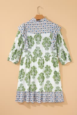 image-Green Floral Print Contrast Patchwork Ruffle Detail Mini Dress