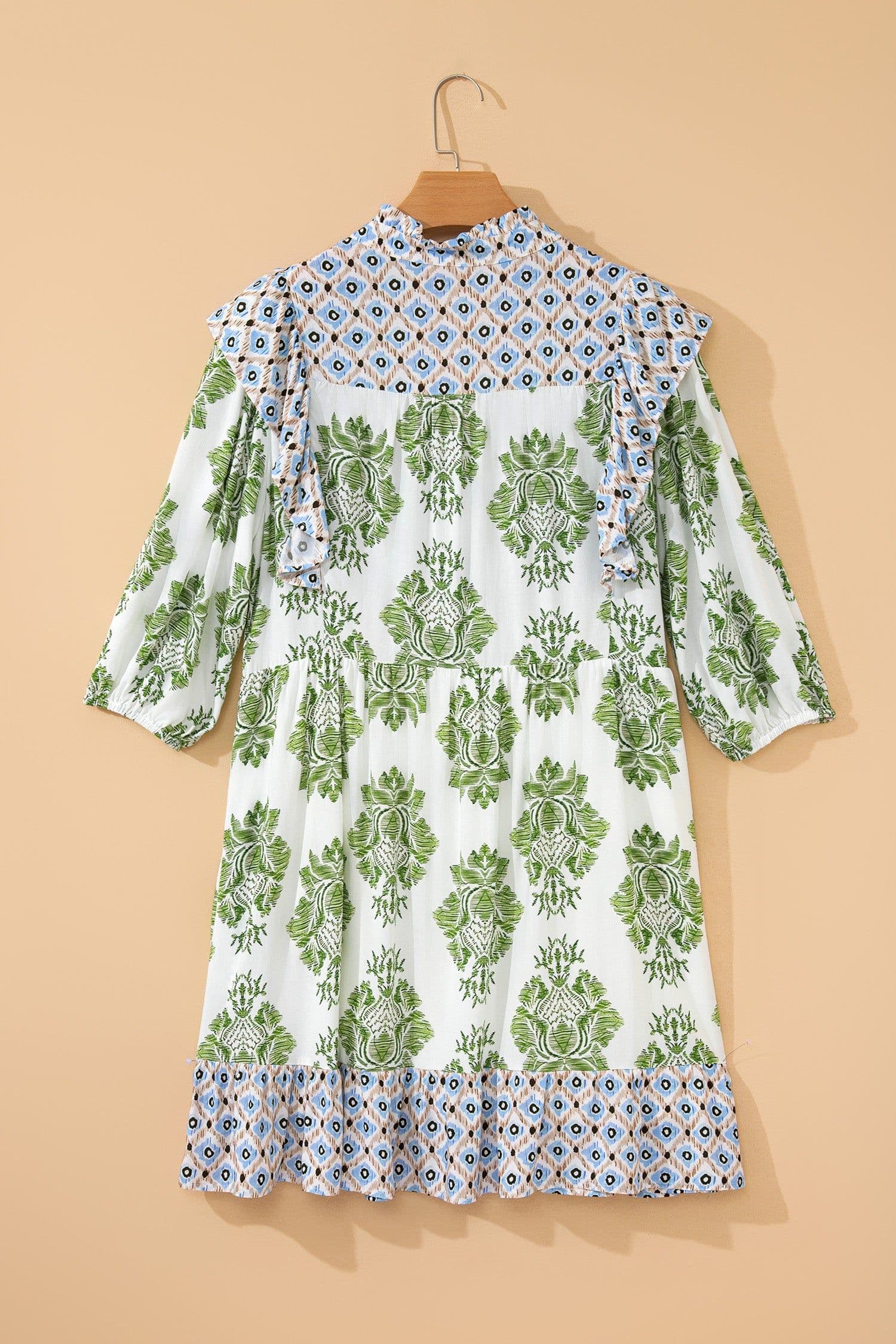 image-Green Floral Print Contrast Patchwork Ruffle Detail Mini Dress