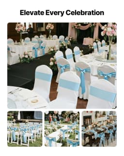 image-VEVOR Satin Chair Sashes Bows, 100PCS Chair Ribbon Ties Back Sash, 7 x 108 inch, Light Blue Wedding Reception Decoration, for Wedding Ceremony Baby Shower Party Events Banquet Chair Cover Decoration