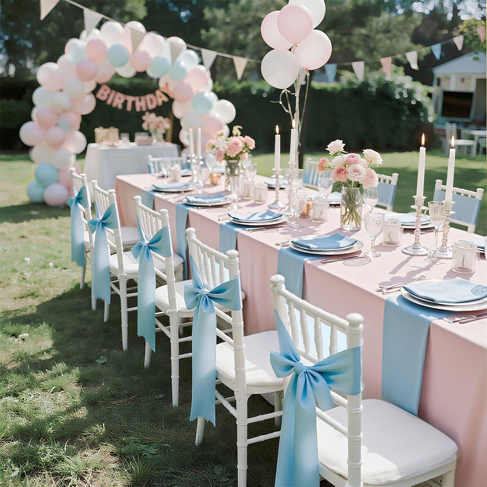 image-VEVOR Satin Chair Sashes Bows, 100PCS Chair Ribbon Ties Back Sash, 7 x 108 inch, Light Blue Wedding Reception Decoration, for Wedding Ceremony Baby Shower Party Events Banquet Chair Cover Decoration