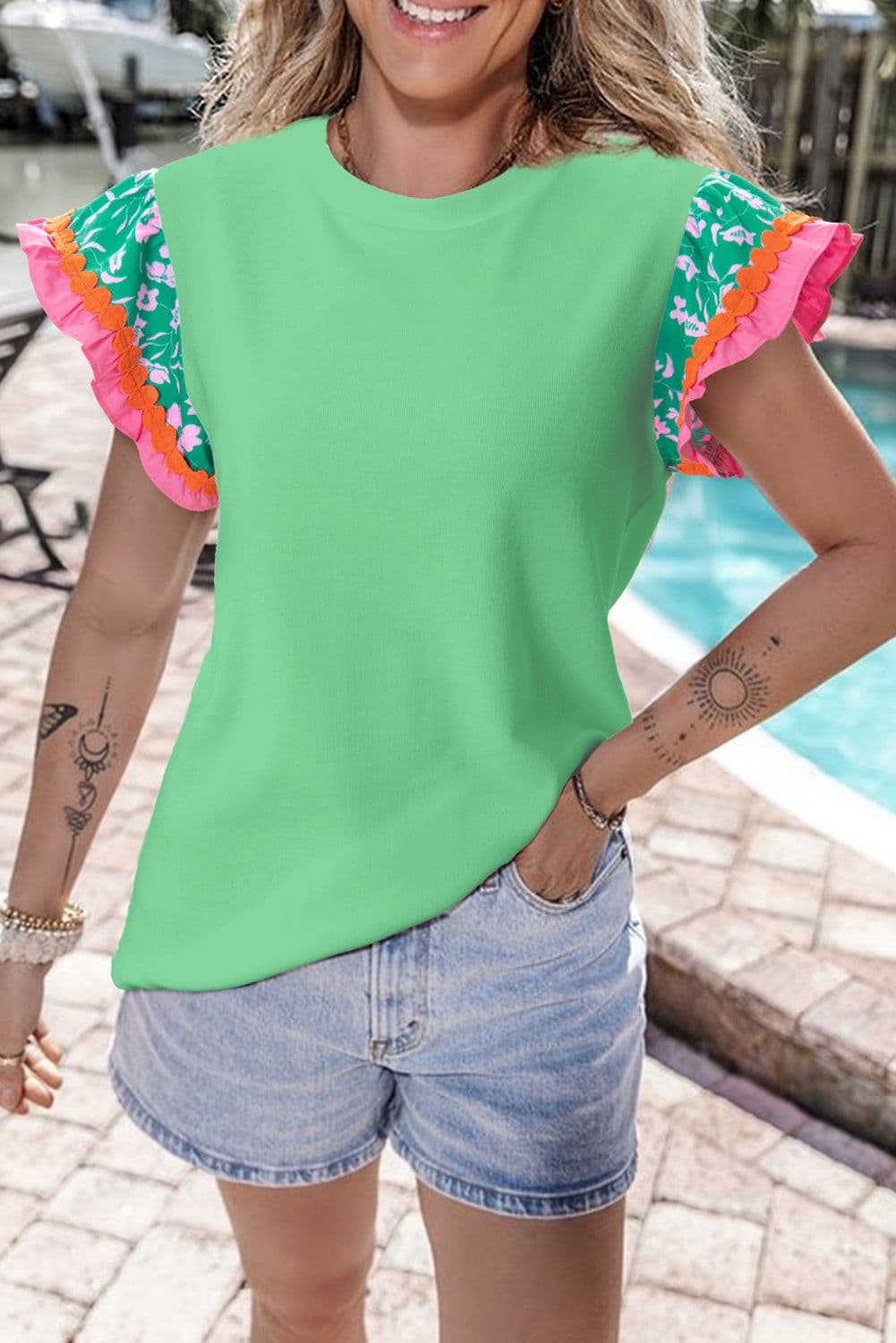 image-Contrast Ricrac Floral Sleeve Top - White (57 characters)