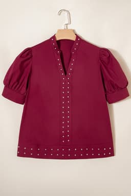 image-Burgundy Rivet Embellished V Neck Puff Sleeve Blouse