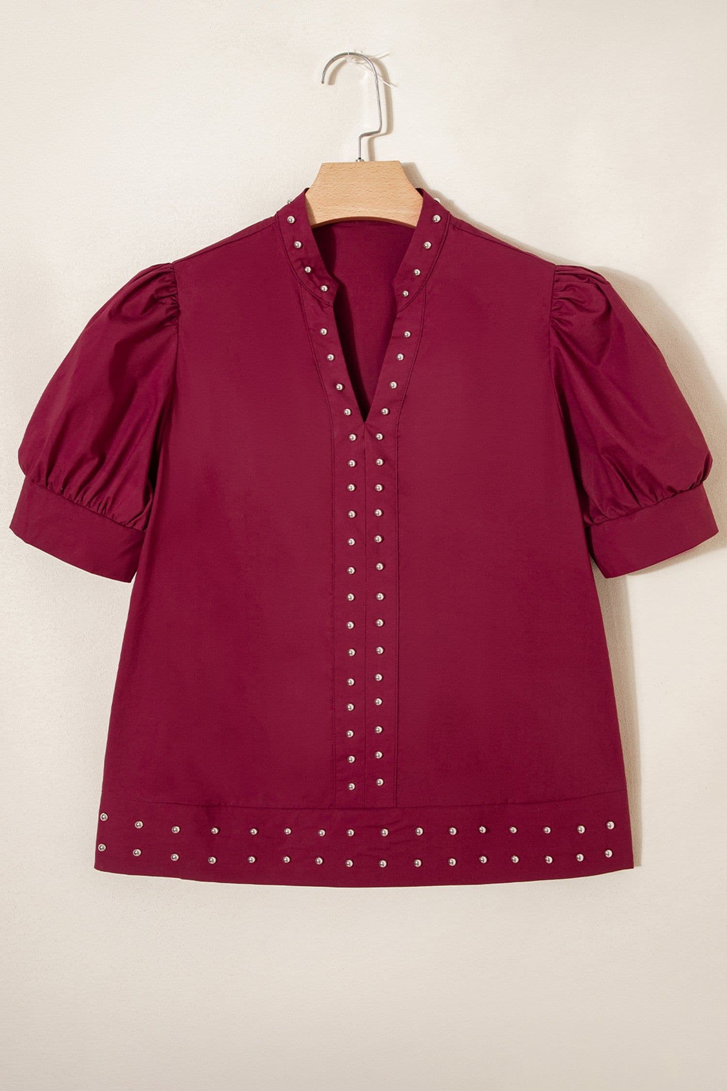 image-Burgundy Rivet Embellished V Neck Puff Sleeve Blouse