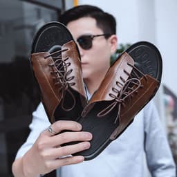 image-2019 Men's Leather Sandals - Breathable Beach Slippers