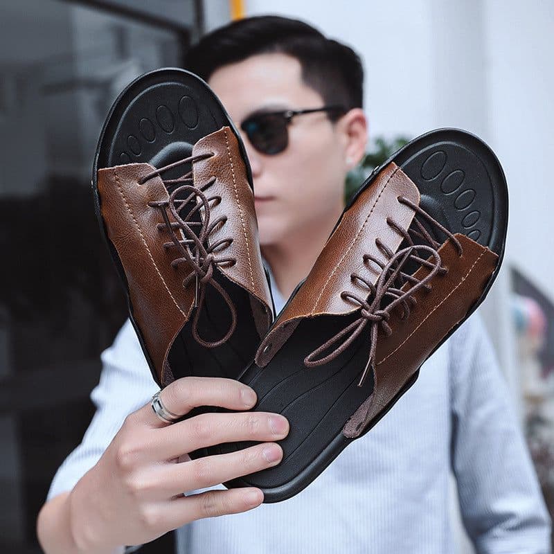 image-2019 Men's Leather Sandals - Breathable Beach Slippers
