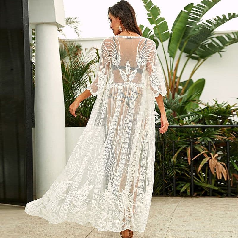 image-"xanyee/Cicada Yi Beach Cardigan Swimsuit - White One Size Lace Embroidered" (66 characters)