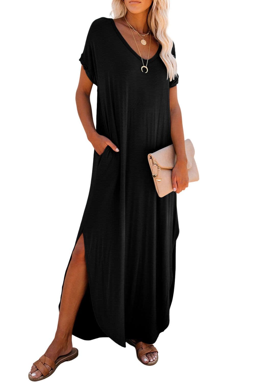 image-Black V Neck Splits Maxi T-shirt Dress, Lightweight, Breathable, S-XL