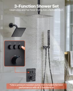 image-VEVOR Shower Faucet Set, 12 Inch Thermostatic Ceiling Mount Rainfall Shower System with 6 Inch Wall Mount Head and 2 in 1 Handheld Spray, 3-Function Dual Rain Head Brass Valve & Trim Kit, Matte Black