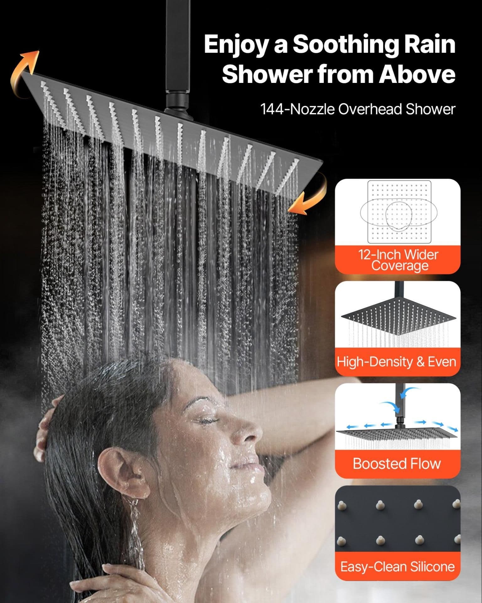 image-VEVOR Shower Faucet Set, 12 Inch Thermostatic Ceiling Mount Rainfall Shower System with 6 Inch Wall Mount Head and 2 in 1 Handheld Spray, 3-Function Dual Rain Head Brass Valve & Trim Kit, Matte Black