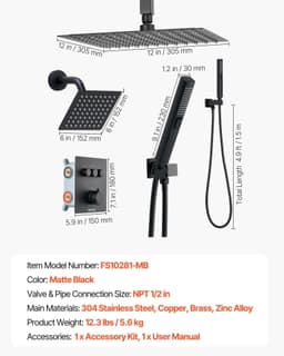 image-VEVOR Shower Faucet Set, 12 Inch Thermostatic Ceiling Mount Rainfall Shower System with 6 Inch Wall Mount Head and 2 in 1 Handheld Spray, 3-Function Dual Rain Head Brass Valve & Trim Kit, Matte Black