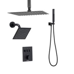 image-VEVOR Shower Faucet Set, 12 Inch Thermostatic Ceiling Mount Rainfall Shower System with 6 Inch Wall Mount Head and 2 in 1 Handheld Spray, 3-Function Dual Rain Head Brass Valve & Trim Kit, Matte Black