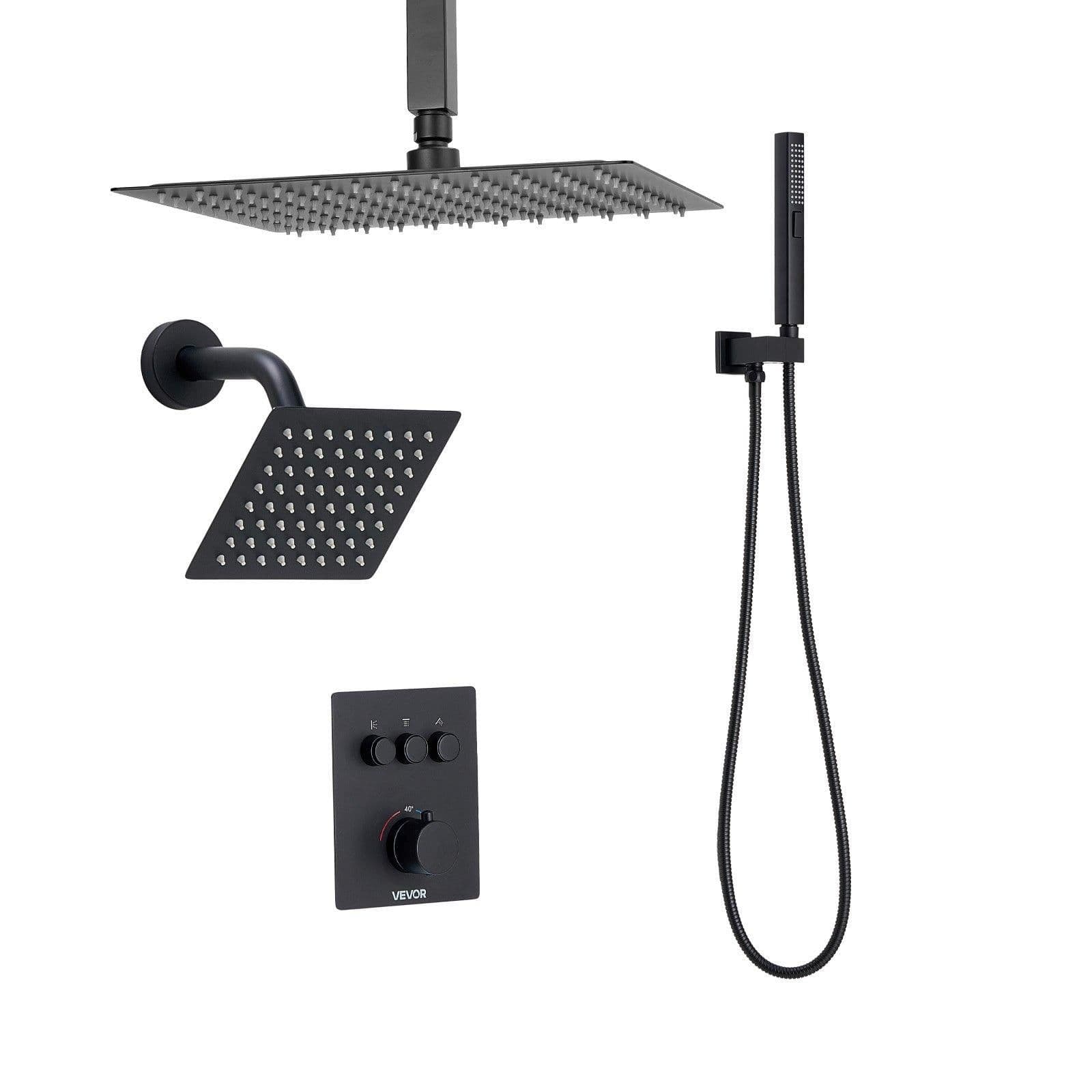 image-VEVOR Shower Faucet Set, 12 Inch Thermostatic Ceiling Mount Rainfall Shower System with 6 Inch Wall Mount Head and 2 in 1 Handheld Spray, 3-Function Dual Rain Head Brass Valve & Trim Kit, Matte Black