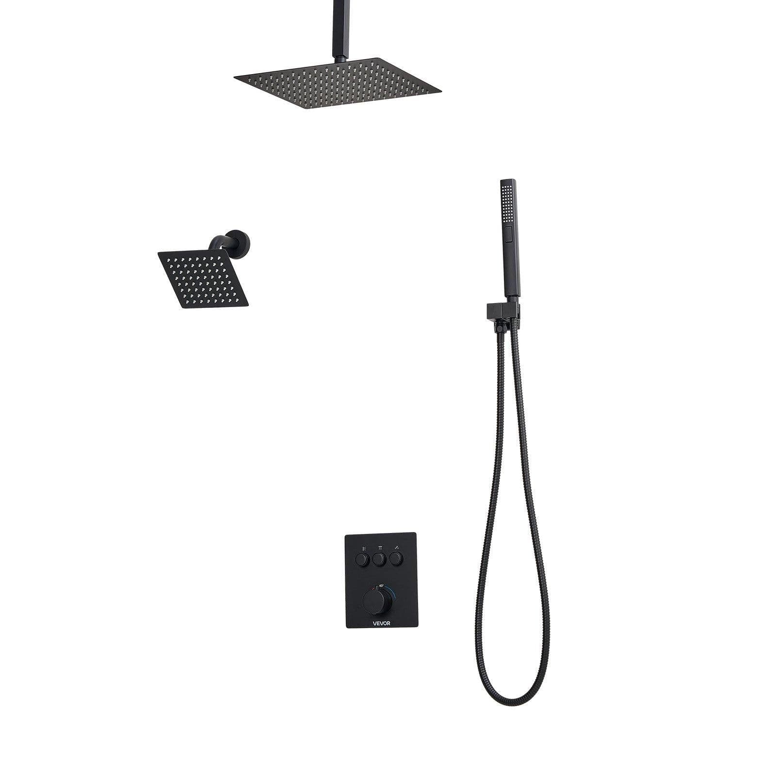image-VEVOR Shower Faucet Set, 12 Inch Thermostatic Ceiling Mount Rainfall Shower System with 6 Inch Wall Mount Head and 2 in 1 Handheld Spray, 3-Function Dual Rain Head Brass Valve & Trim Kit, Matte Black