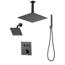image-VEVOR Shower Faucet Set, 12 Inch Thermostatic Ceiling Mount Rainfall Shower System with 6 Inch Wall Mount Head and 2 in 1 Handheld Spray, 3-Function Dual Rain Head Brass Valve & Trim Kit, Matte Black