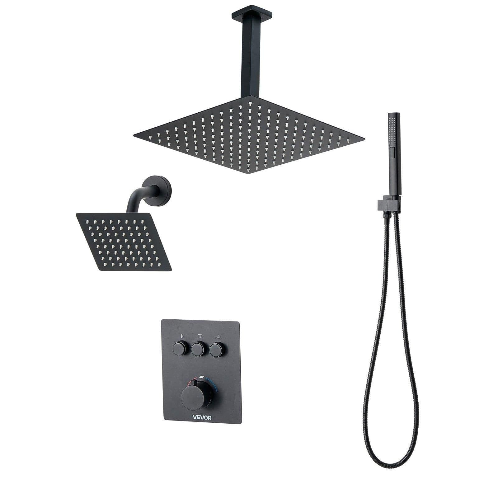 image-VEVOR Shower Faucet Set, 12 Inch Thermostatic Ceiling Mount Rainfall Shower System with 6 Inch Wall Mount Head and 2 in 1 Handheld Spray, 3-Function Dual Rain Head Brass Valve & Trim Kit, Matte Black