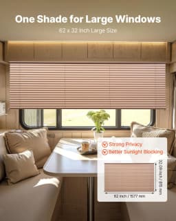 image-VEVOR RV Blinds, 62 in x 32 in, RV Pleated Shades, Polyester Fabric, Easy to Clean and Install, Privacy Protection and Sunlight Blocking, for Camper, Travel Trailer, Motorhome Window, Cappuccino
