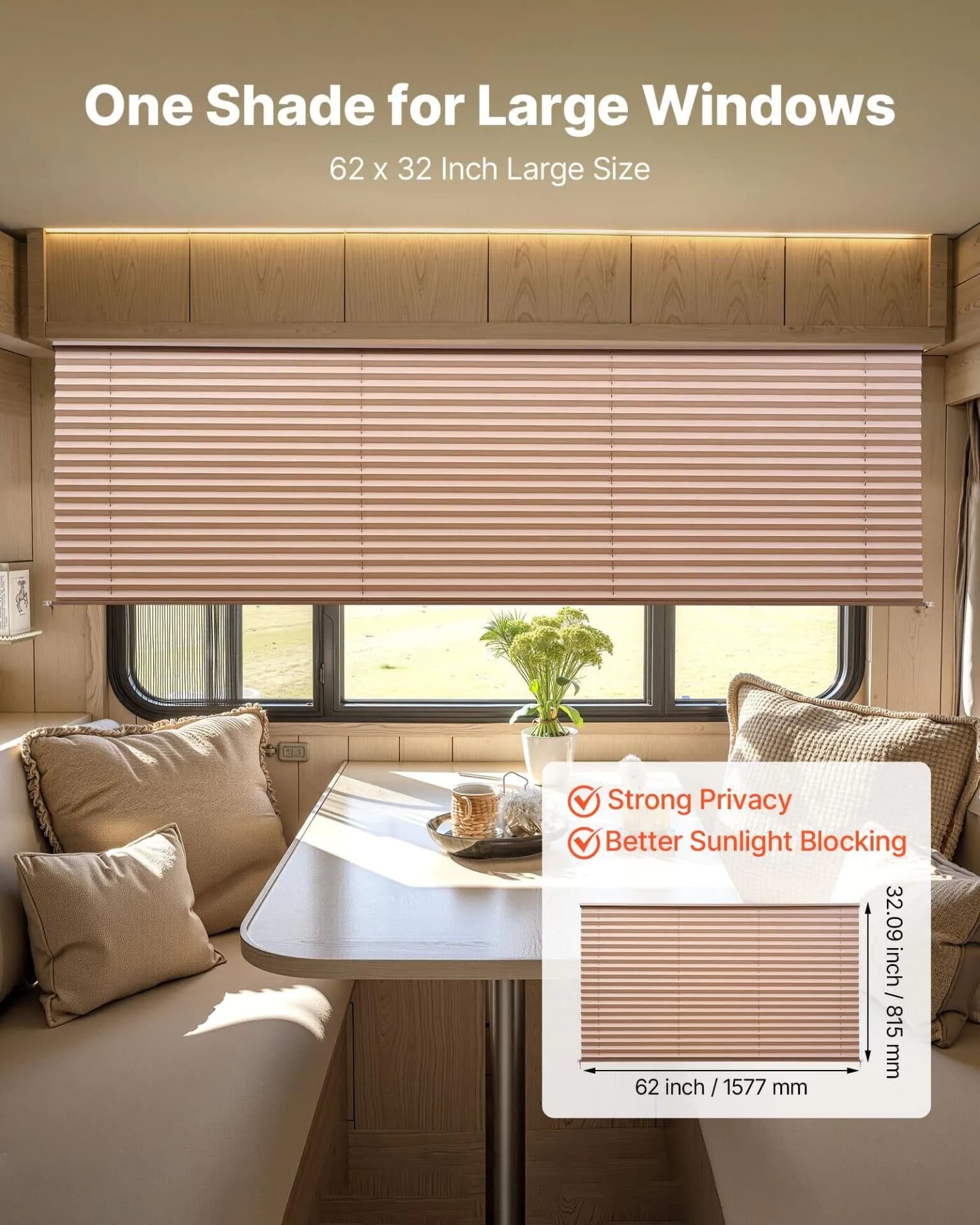 image-VEVOR RV Blinds, 62 in x 32 in, RV Pleated Shades, Polyester Fabric, Easy to Clean and Install, Privacy Protection and Sunlight Blocking, for Camper, Travel Trailer, Motorhome Window, Cappuccino