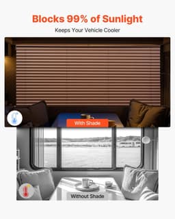 image-VEVOR RV Blinds, 62 in x 32 in, RV Pleated Shades, Polyester Fabric, Easy to Clean and Install, Privacy Protection and Sunlight Blocking, for Camper, Travel Trailer, Motorhome Window, Cappuccino